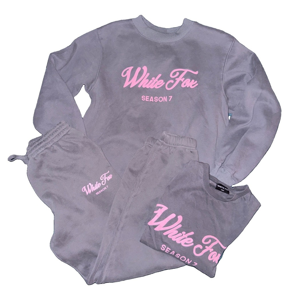 White Fox Season 7 Gray/Pink 3PC Fleece Set Sweatshirt Tee Pants Logo Size XS/S